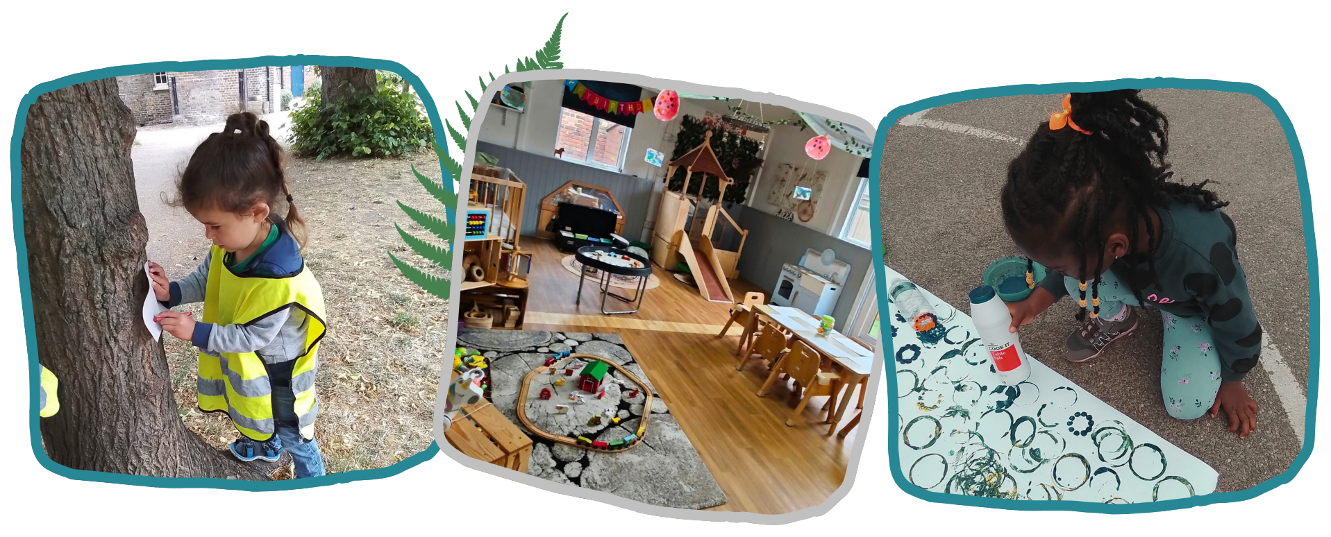 Three photos shows a child marking a tree, a classroom with play equipment, and another child painting circular patterns on paper at nursery in Morden