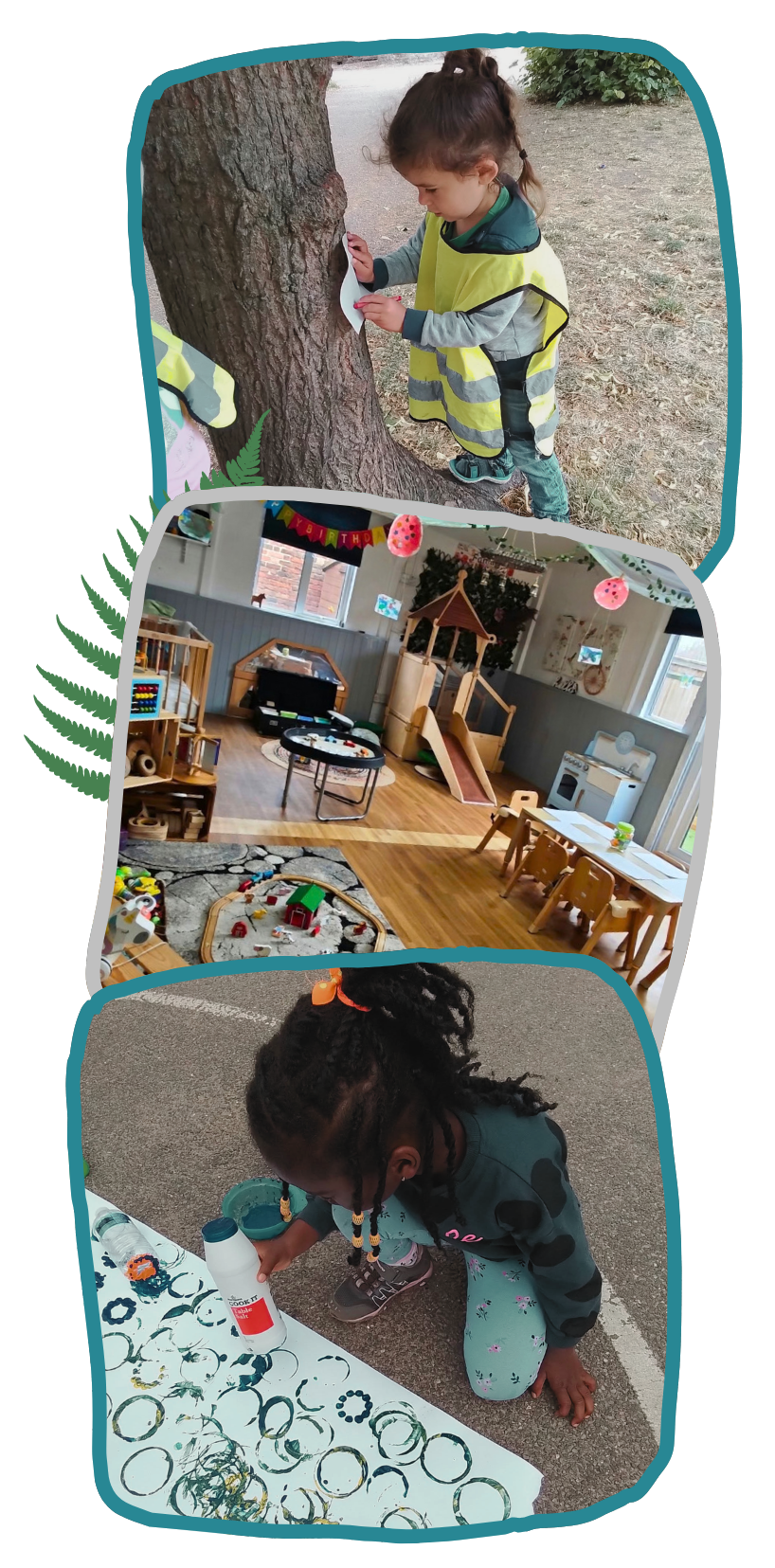 Three photos show a child holding a camera, a bright playroom with small tables and toys, and a child sticking out their tongue beside a pen at nursery in Castlemead