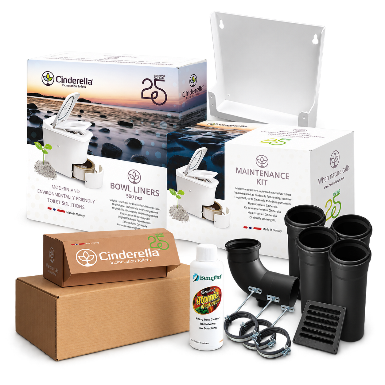 The free accessories bundle: ventilation kit, maintenance kit, bowl liners, liner box holder and cleaner