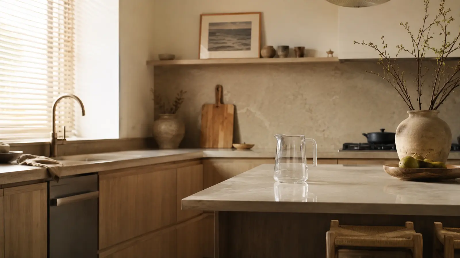 Empty glass on a kitchen counter during a home water planning situation