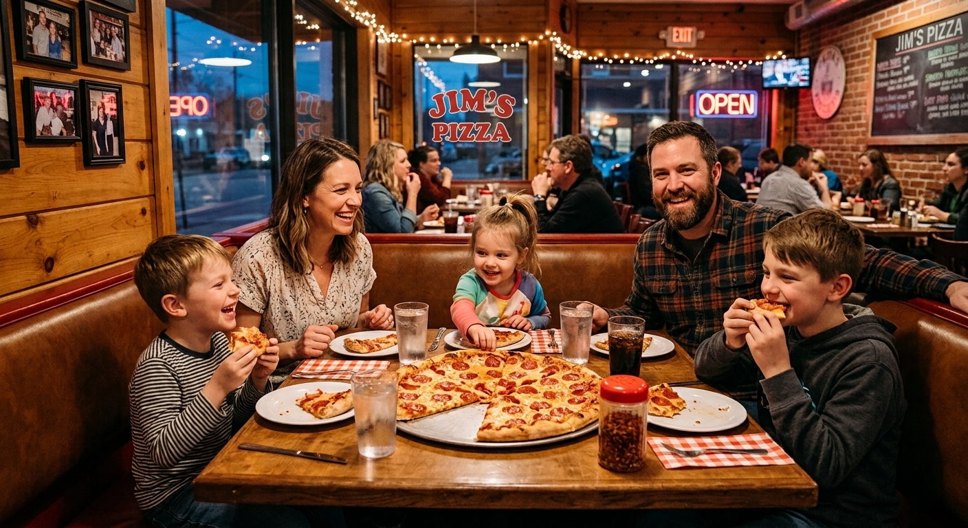 Family at a booth, pizza on the table
