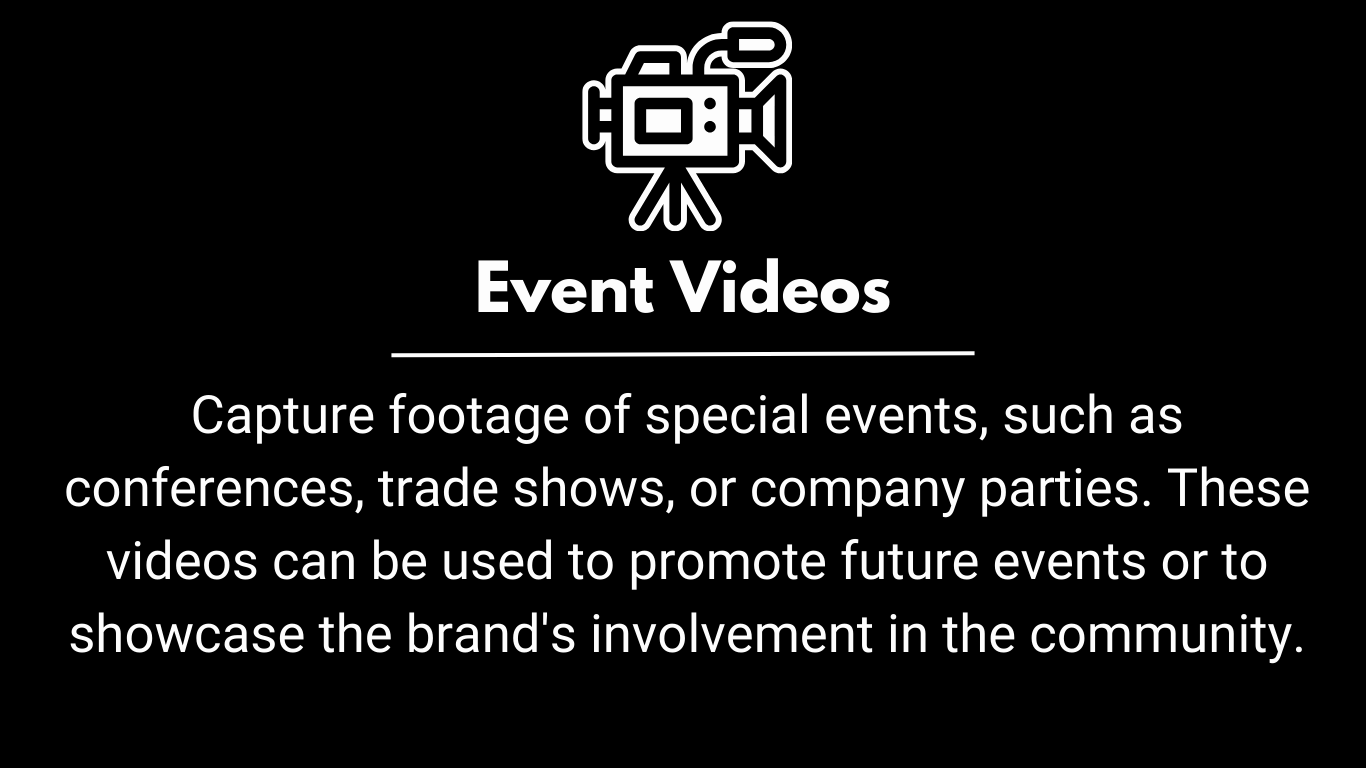 Capture footage of special events, such as conferences, trade shows, or company parties. These videos can be used to promote future events or to showcase the brand's involvement in the community.