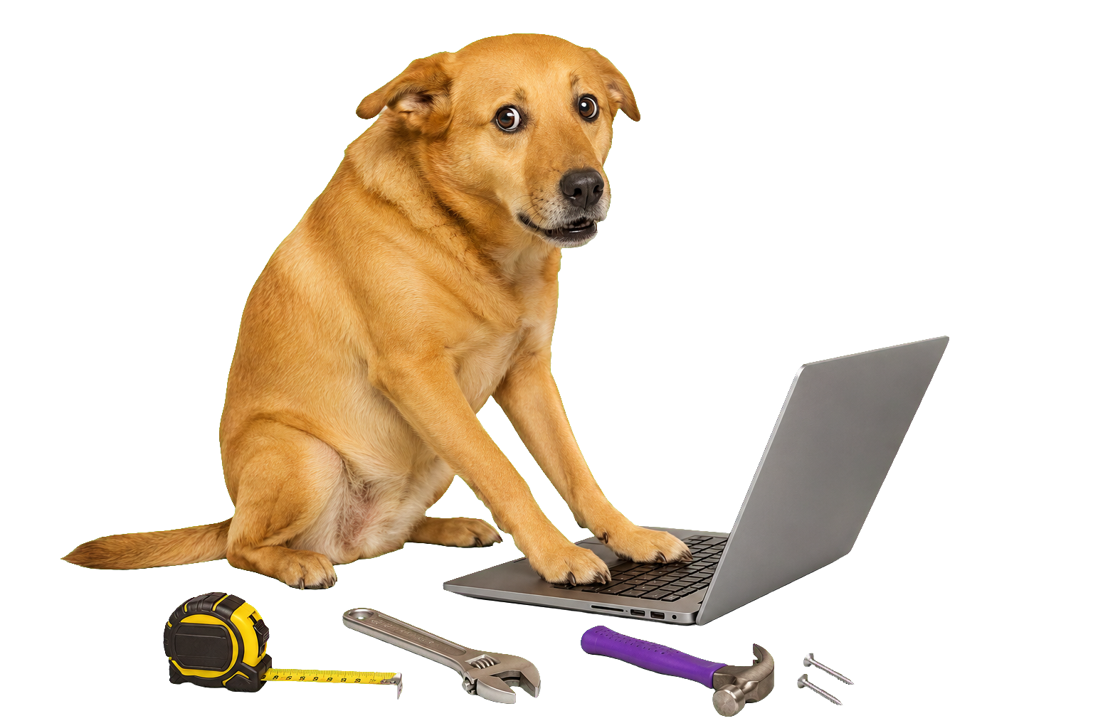 Perrito constructor confundido frente a una laptop