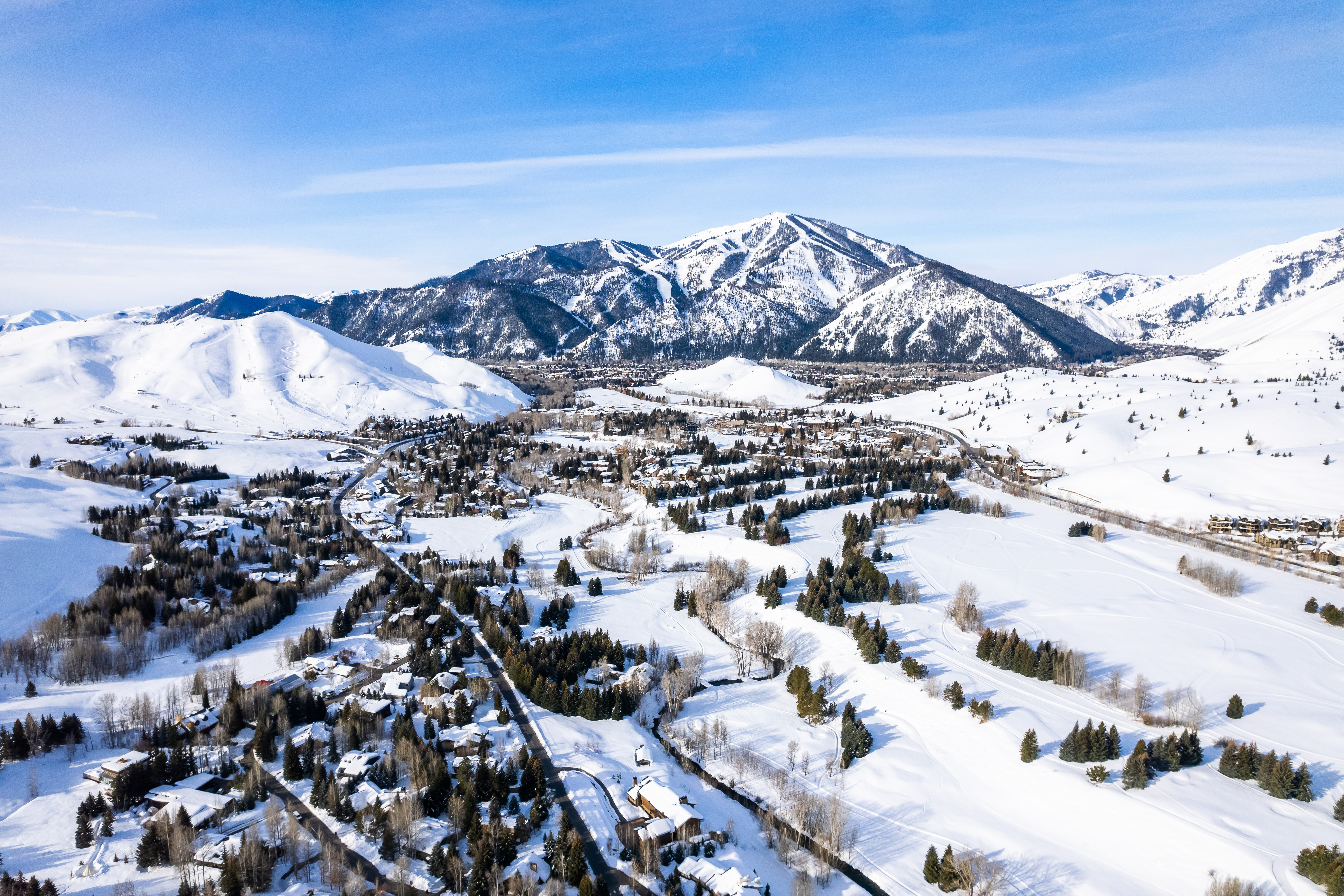 Resort paths and alpine lodges in golden light, Sun Valley