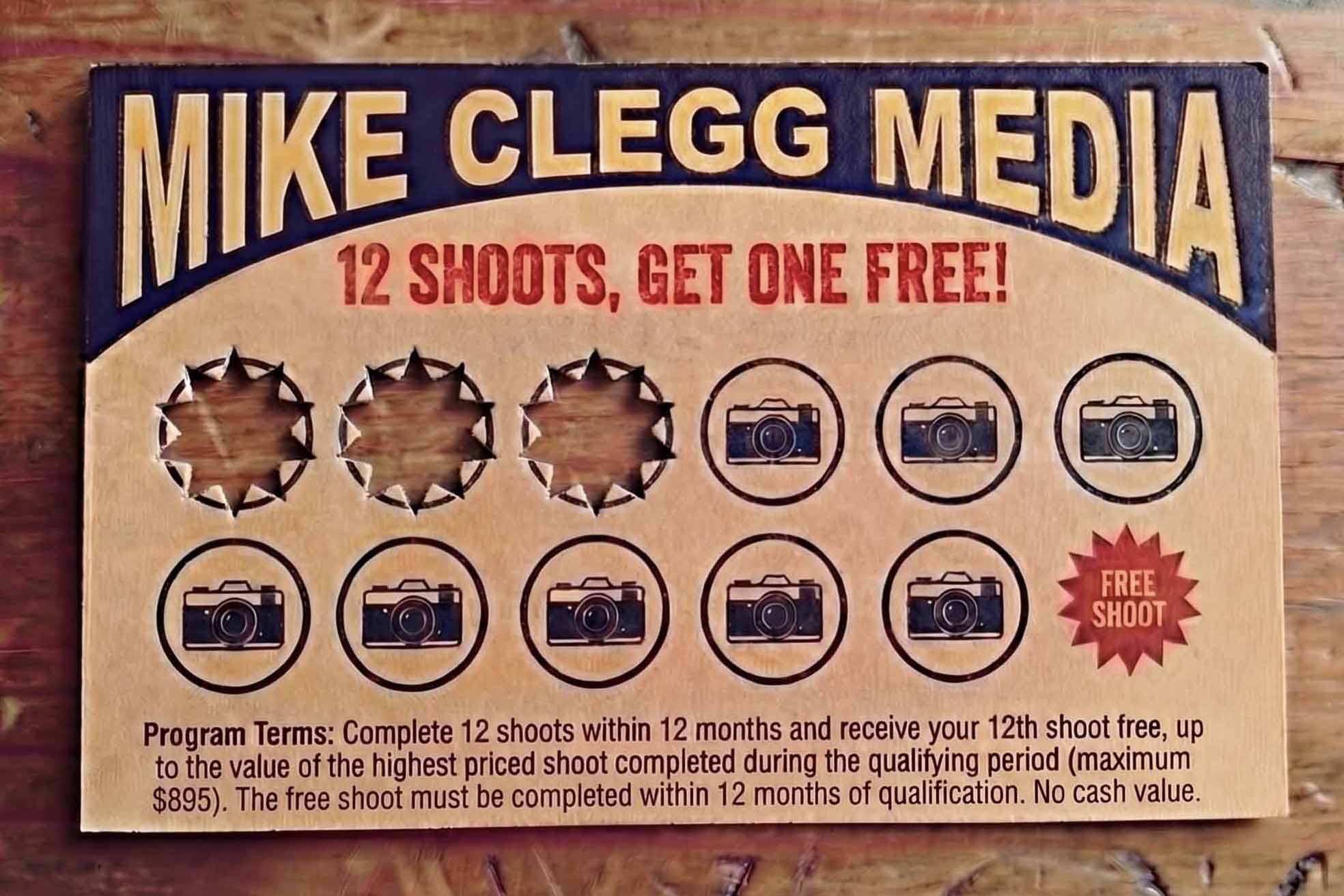 Mike Clegg Media 12-shoot loyalty card with three shoots already marked