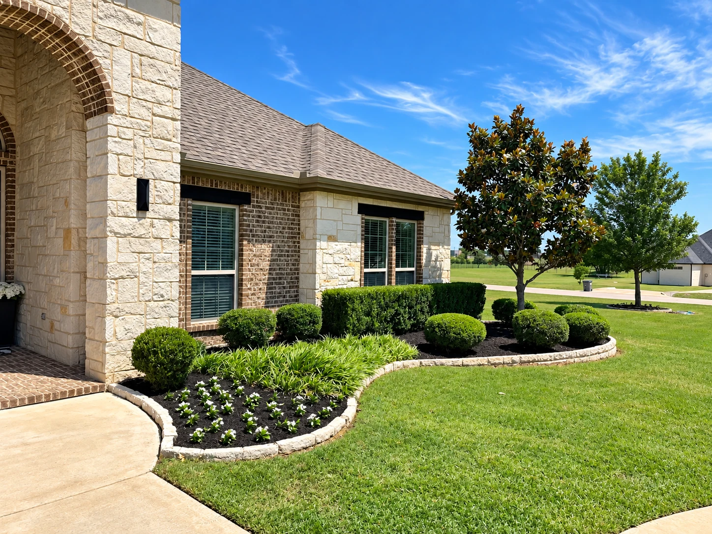 Clean landscape beds, manicured shrubs, and fresh mulch that give the home a polished, finished look from the street.