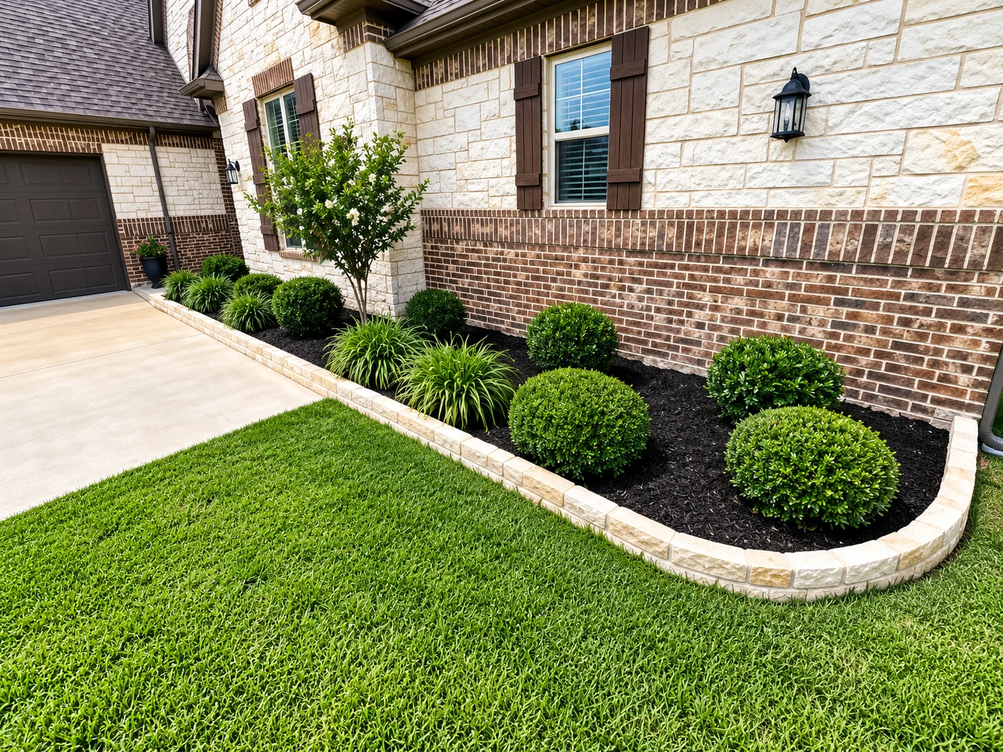 Stacked stone border with lush green shrubs and rich mulch along the home's front facade.