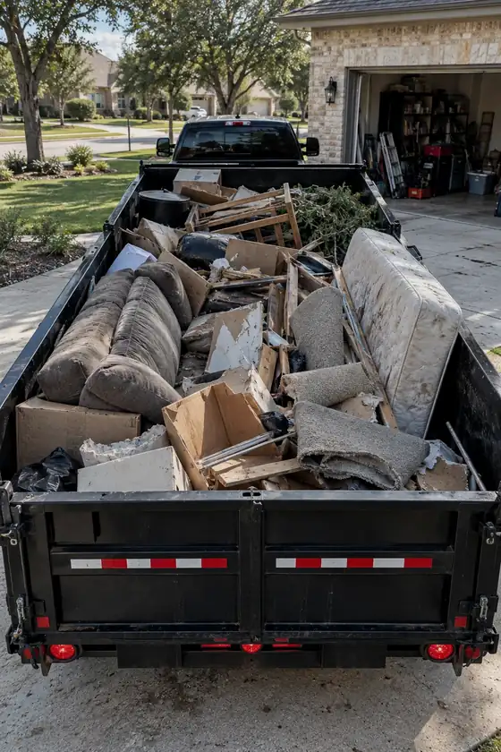Dump trailer full of an old couch, mattress, carpet and junk