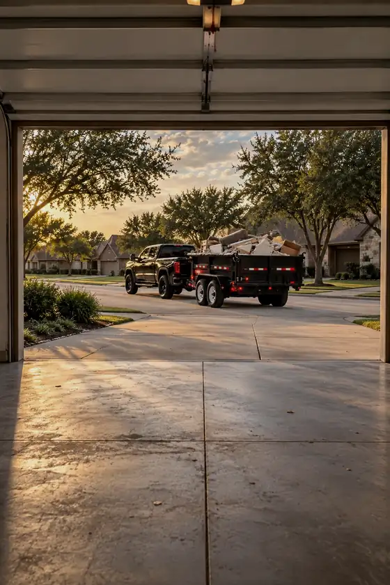 Clean empty garage as the junk trailer drives away