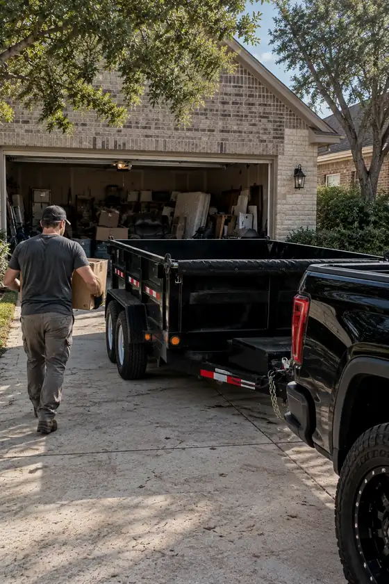 Homeowner loading boxes from a garage into a dump trailer