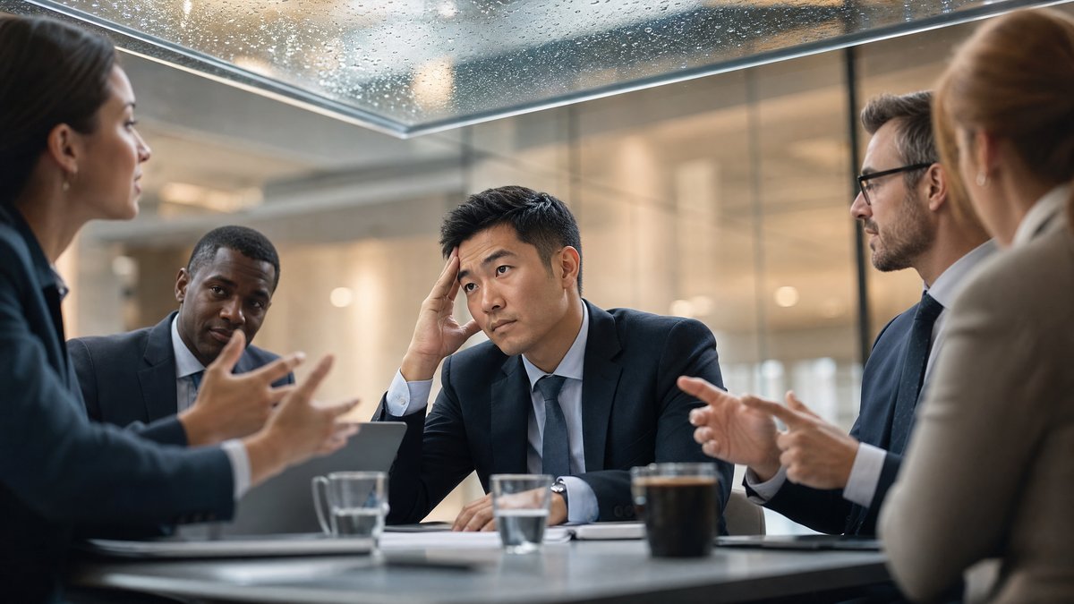 A non-native English speaking professional feeling overlooked in a corporate meeting