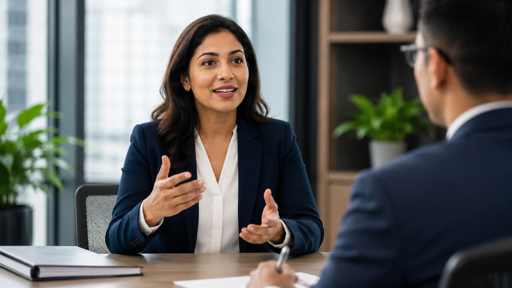Professional shaking hands confidently during an executive job interview Professional shaking hands confidently during an executive job interview