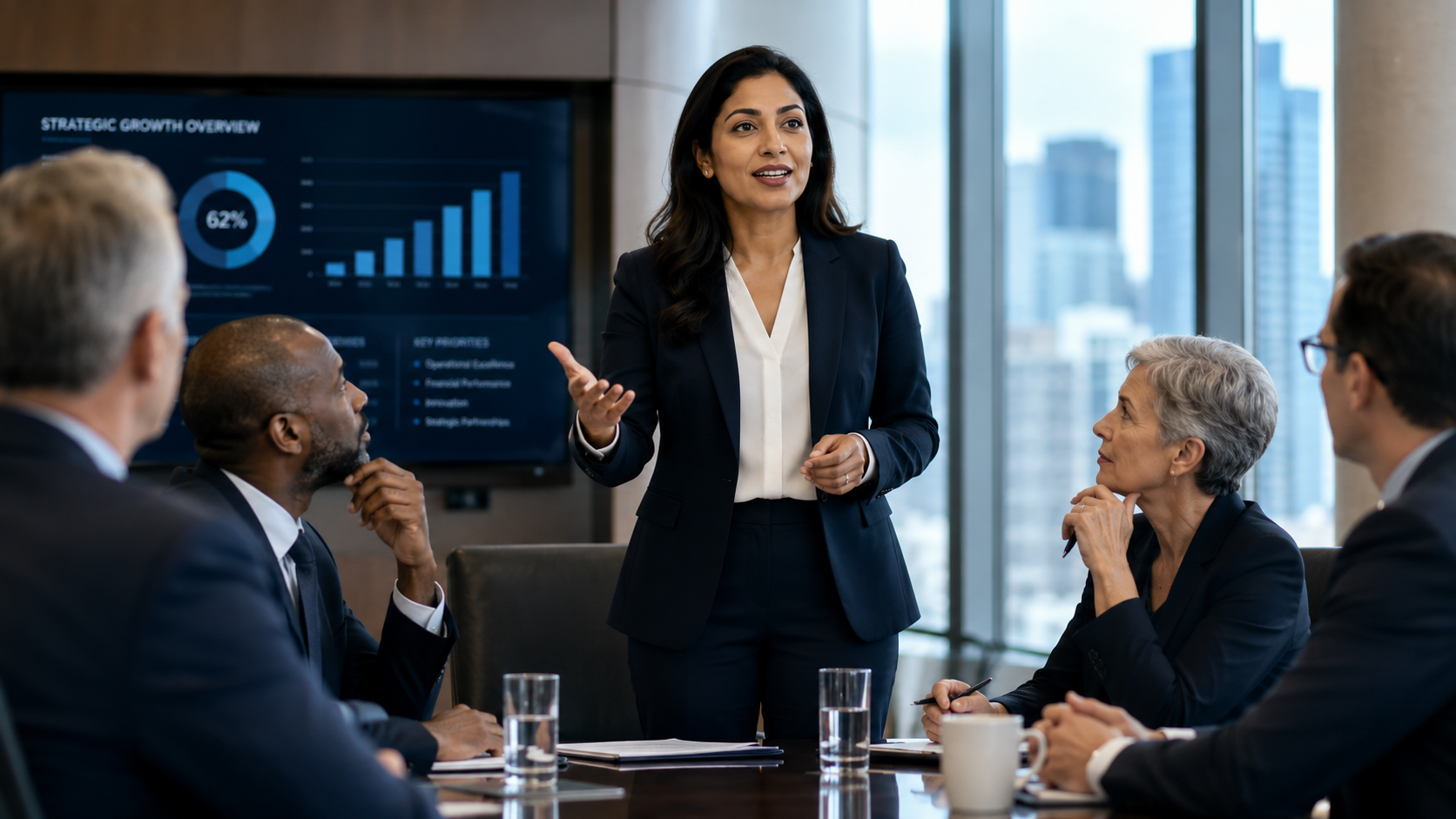 Professional presenting to an executive board in a boardroom