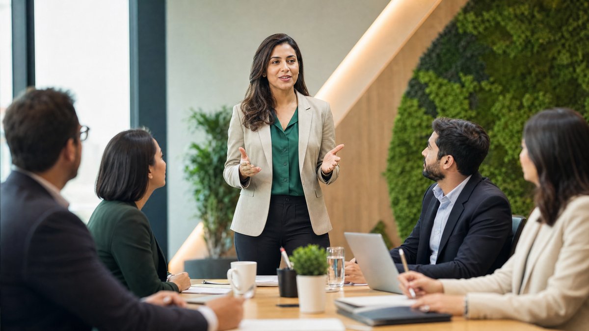 A confident professional woman leading a boardroom meeting after accent modification training