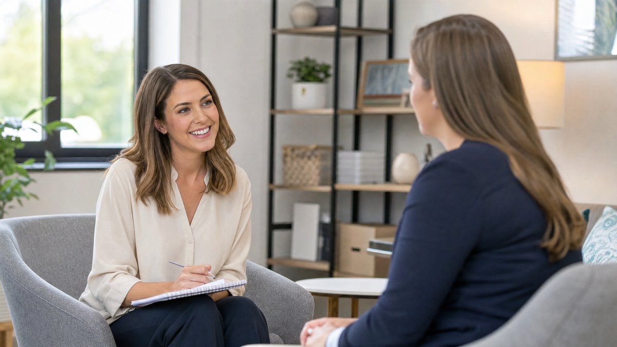 A Speech-Language Pathologist conducting a warm, professional evaluation session with an adult client