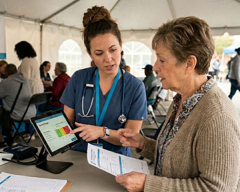 Healthcare worker reviewing preventive health screening results with patient during community wellness event
