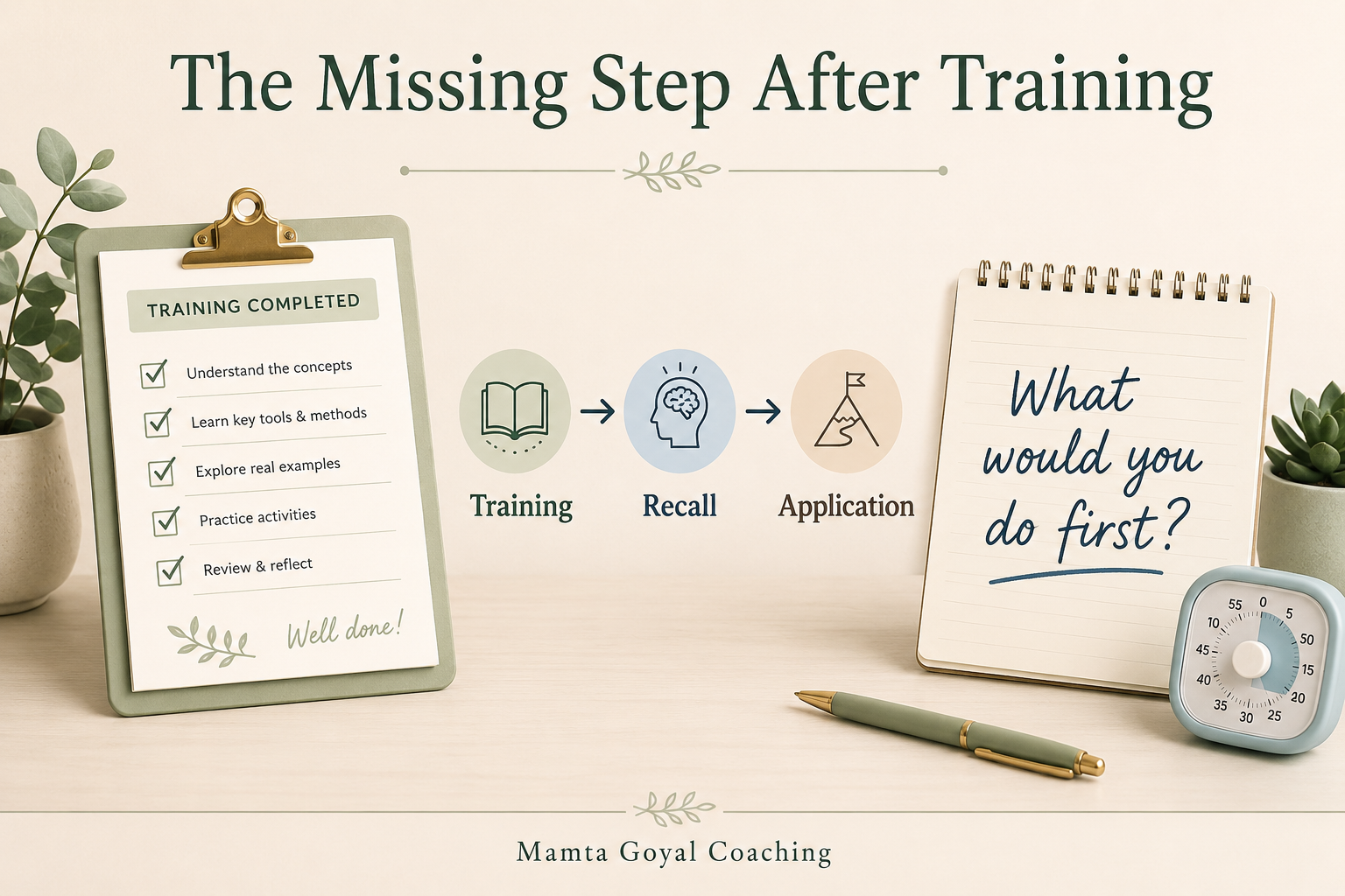 Minimal pastel image of an open notebook explaining a simple post-training practice: use a real scenario, recall the learned idea, and write the first step to take. The image highlights that learning sticks when people retrieve and apply training close to real work. Minimal pastel image of an open notebook explaining a simple post-training practice: use a real scenario, recall the learned idea, and write the first step to take. The image highlights that learning sticks when people retrieve and apply training close to real work.
