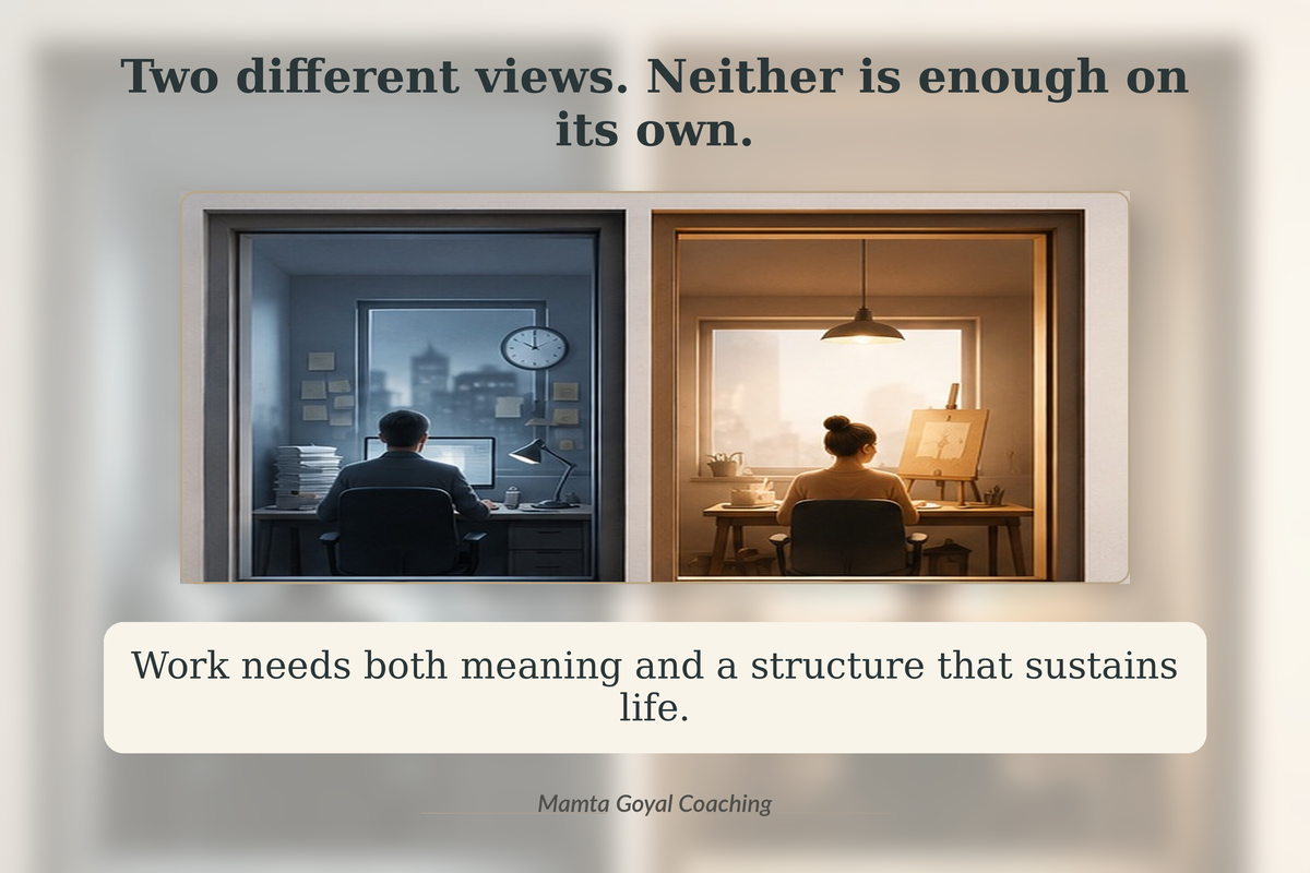 Two windows showing different work experiences: hard work with little voice and passion with strain, emphasizing the need for meaning and structure. Two windows showing different work experiences: hard work with little voice and passion with strain, emphasizing the need for meaning and structure.