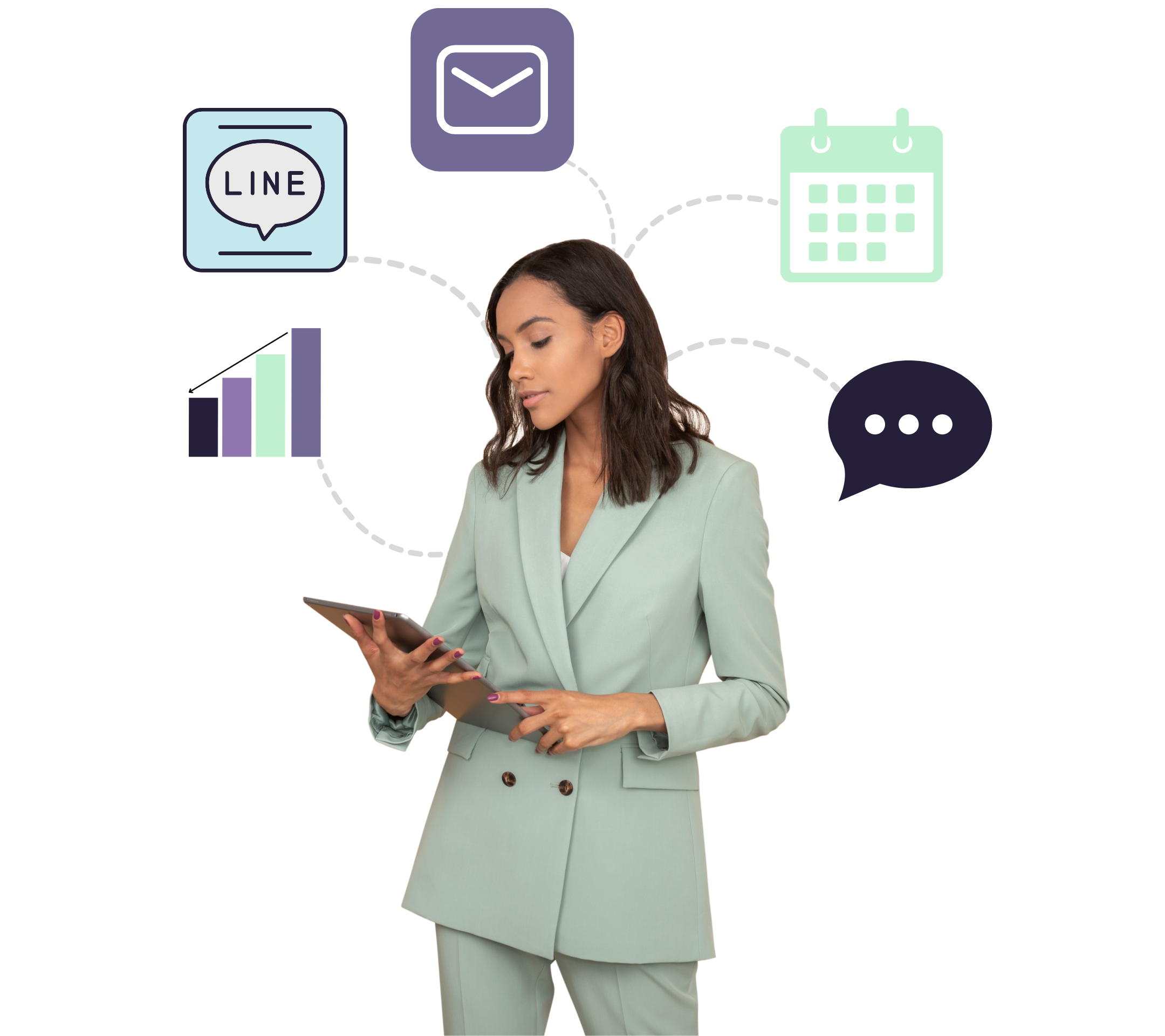 Black woman business owner using a tablet, surrounded by email, calendar, analytics and chat icons, her whole business running from one system