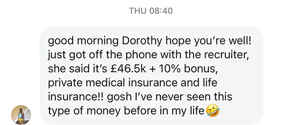 Student message about a £46,500 offer with benefits
