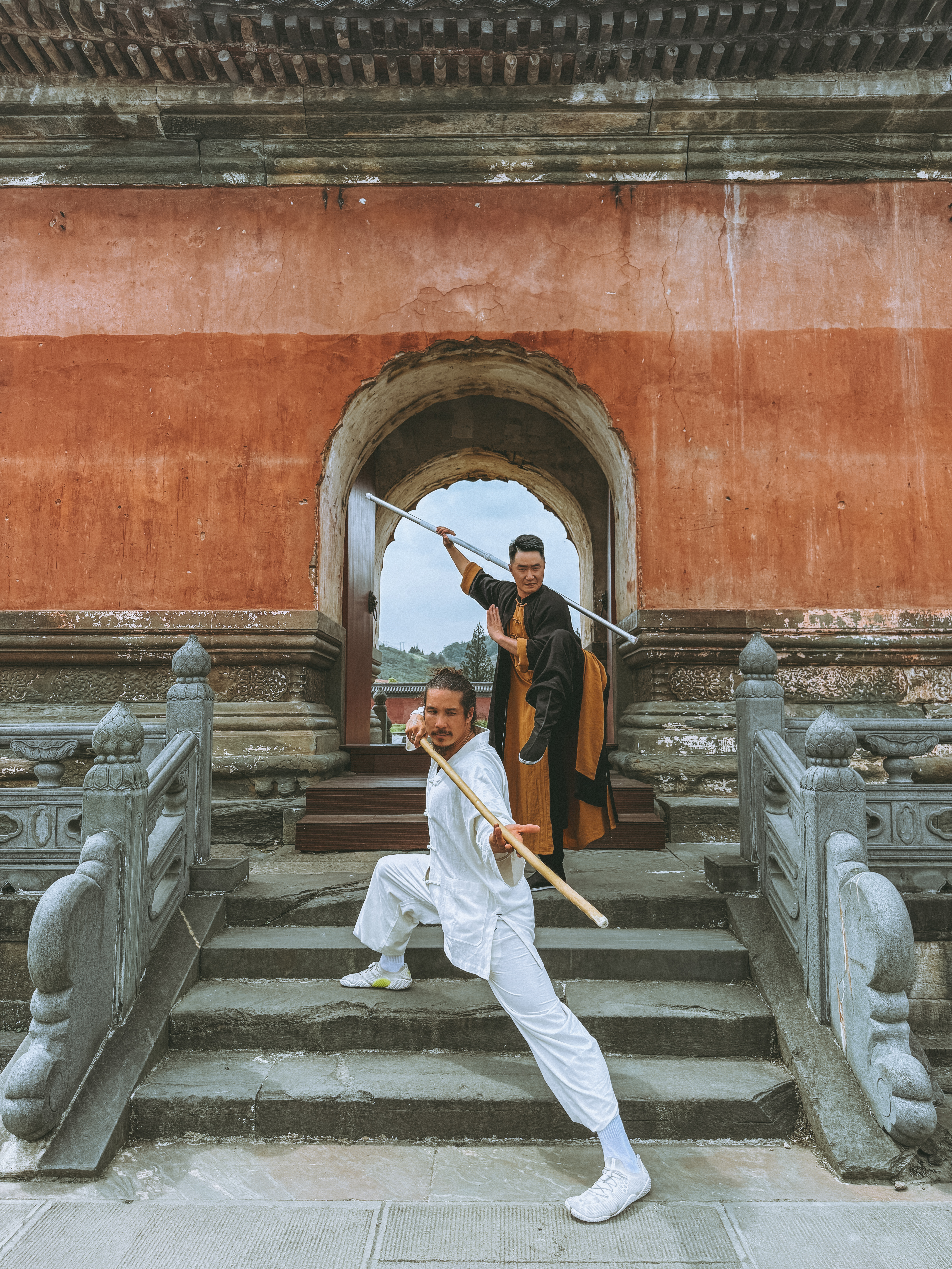 Nick Onken training kung fu with his Shifu at a Wudang temple