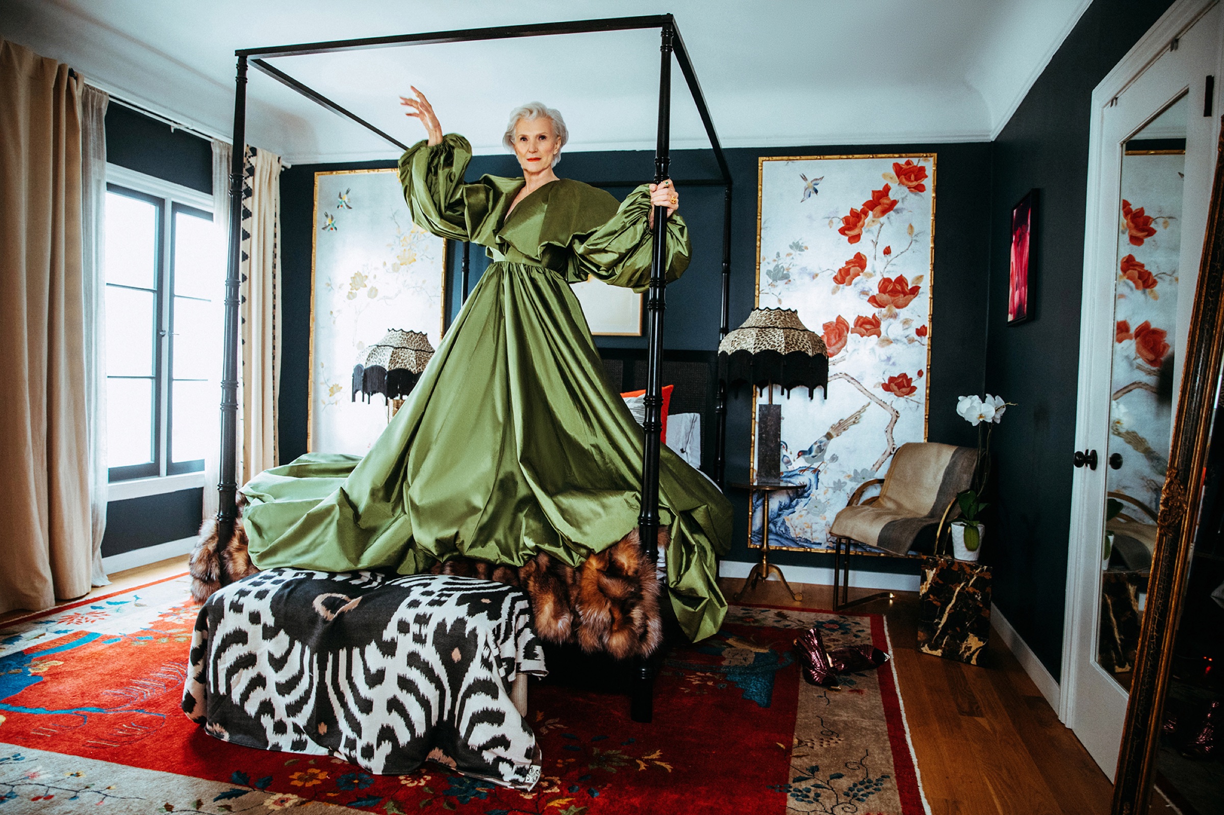 Maye Musk in an olive gown, photographed by Nick Onken