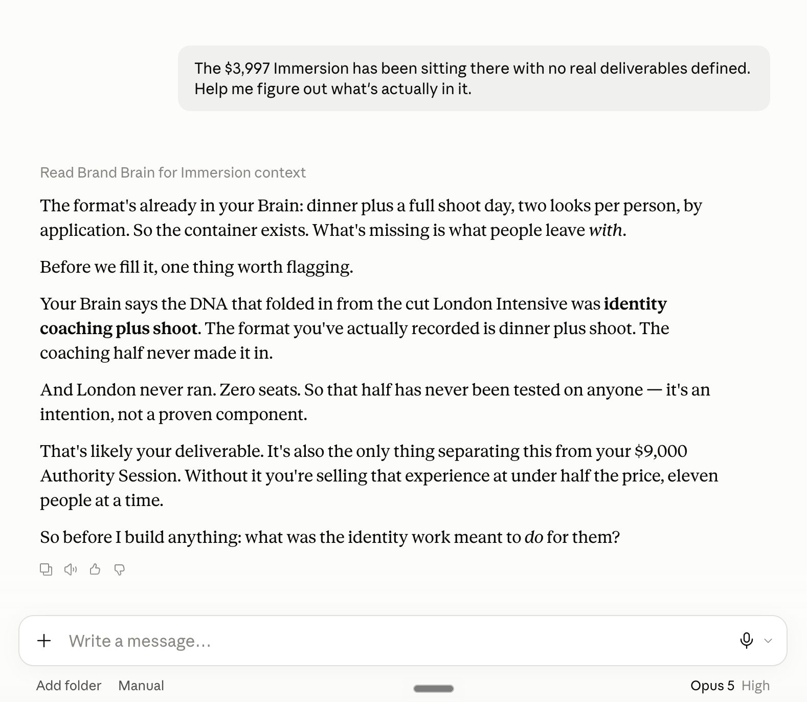 A real Claude Cowork exchange in which BIE reads the Brand Brain, identifies missing identity coaching in an offer and asks the founder to clarify the intended transformation