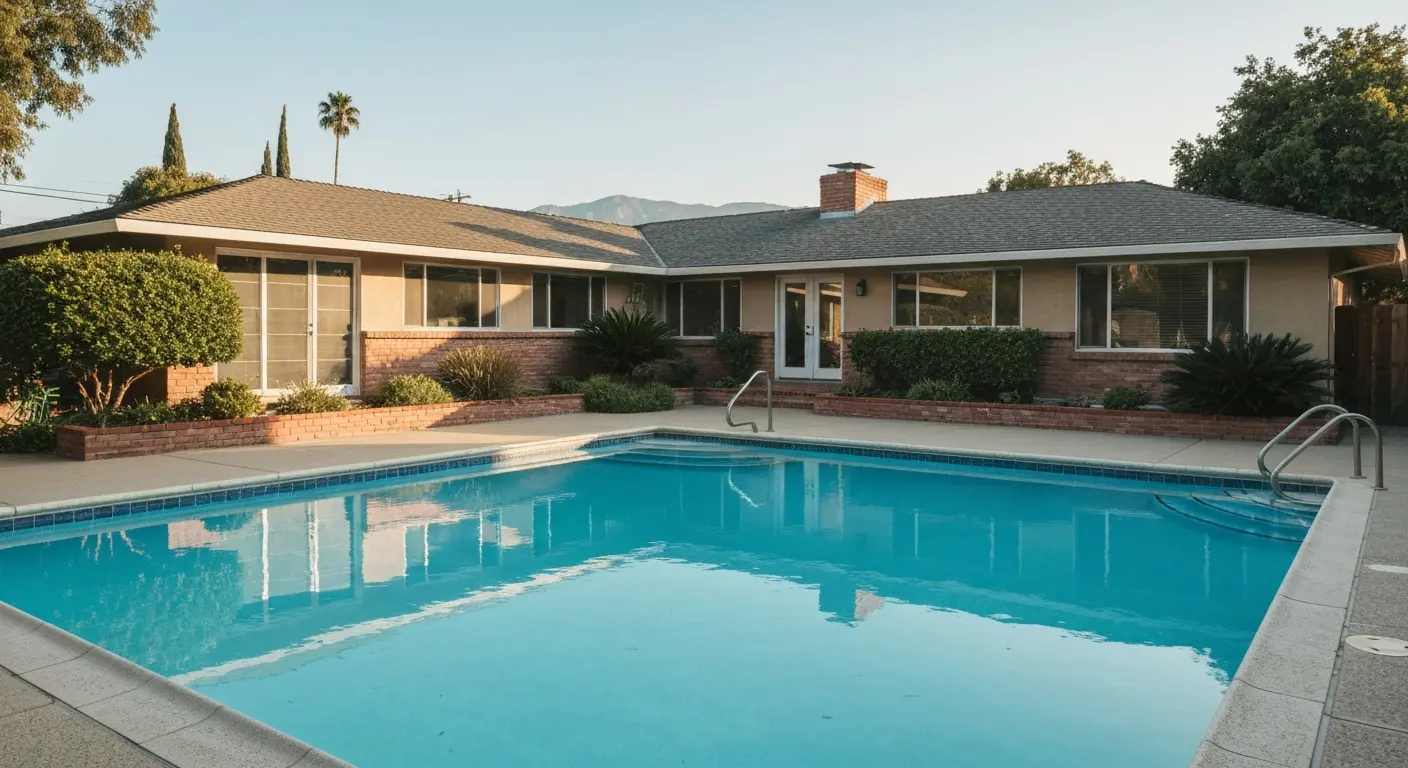 Residential pool with ranch home architecture