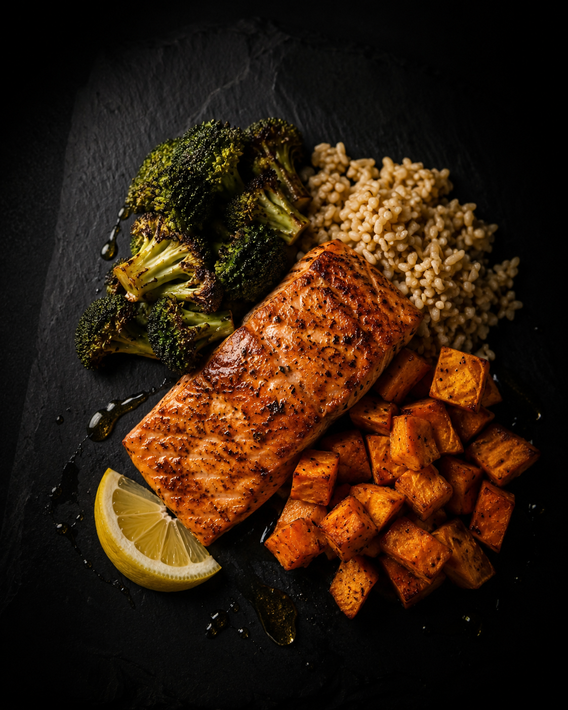 Salmon, broccoli, sweet potato, brown rice