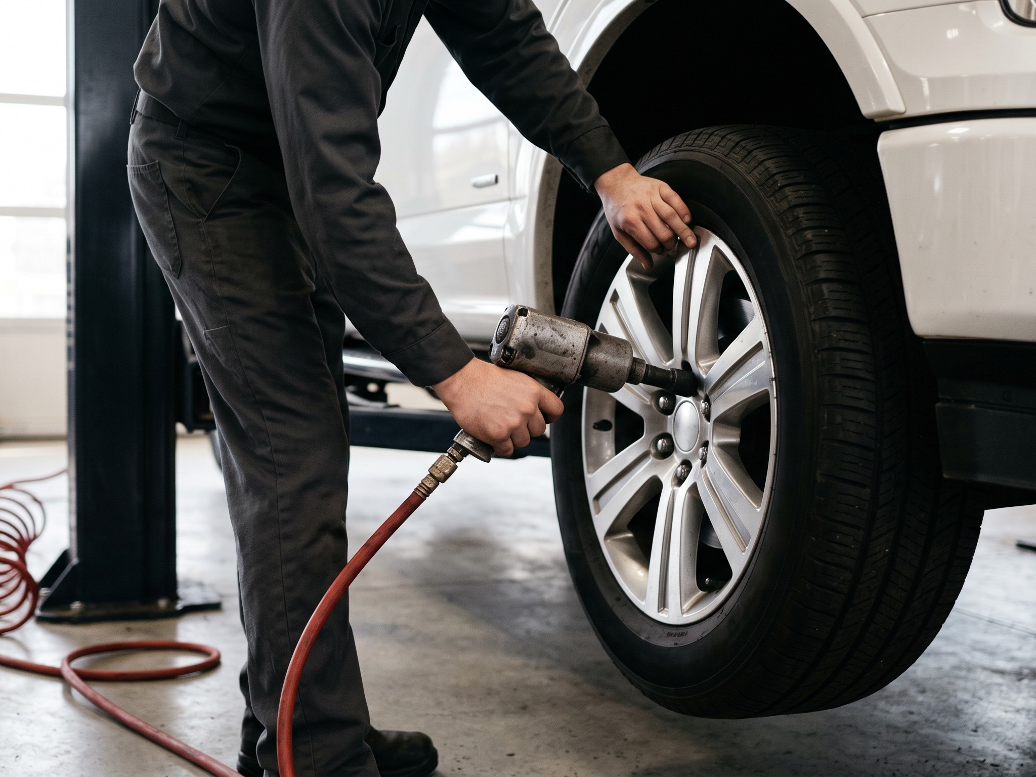 A technician fitting a wheel to a pickup truck on a lift with an air impact wrench