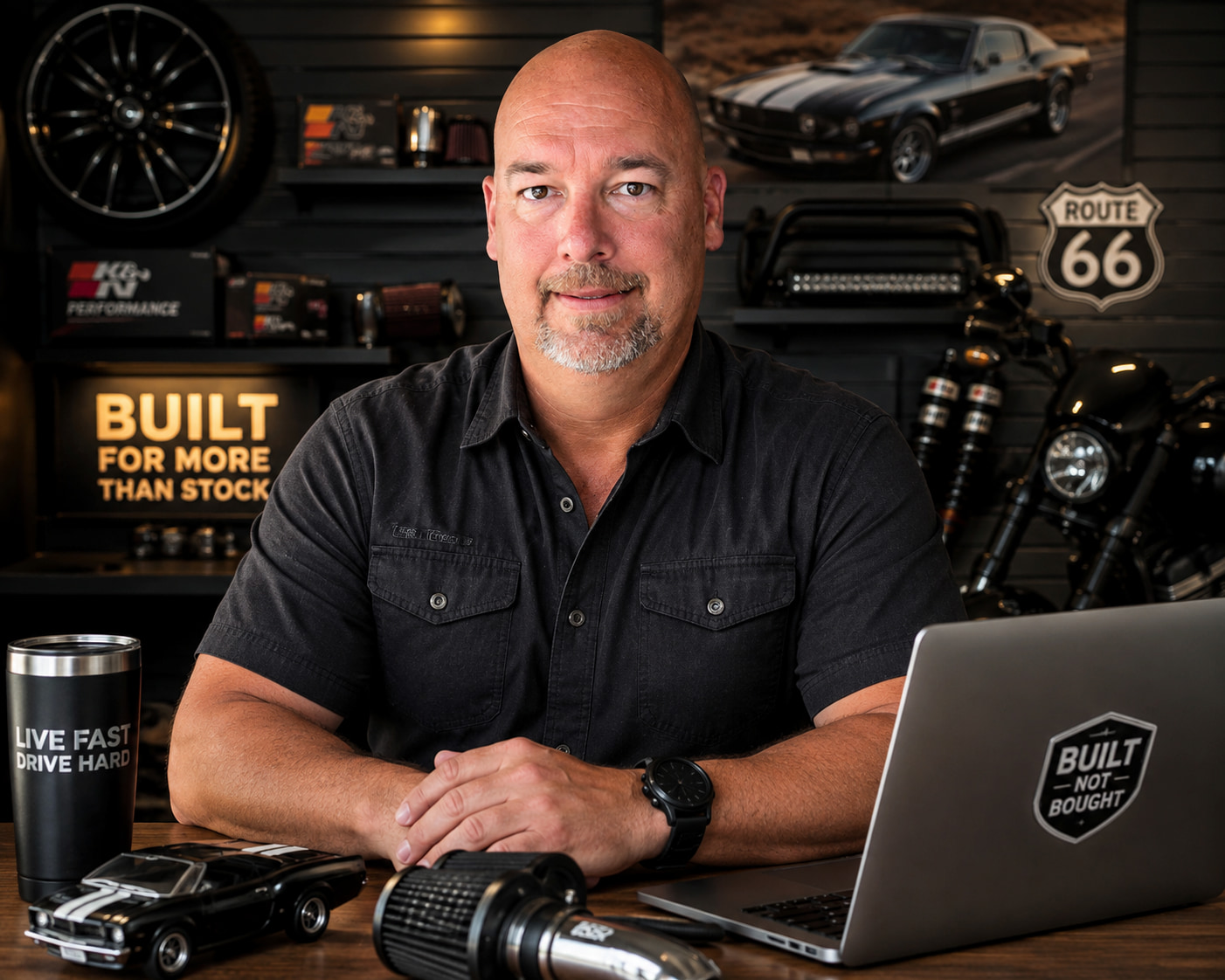 John Hawkins at a workbench surrounded by aftermarket accessory parts