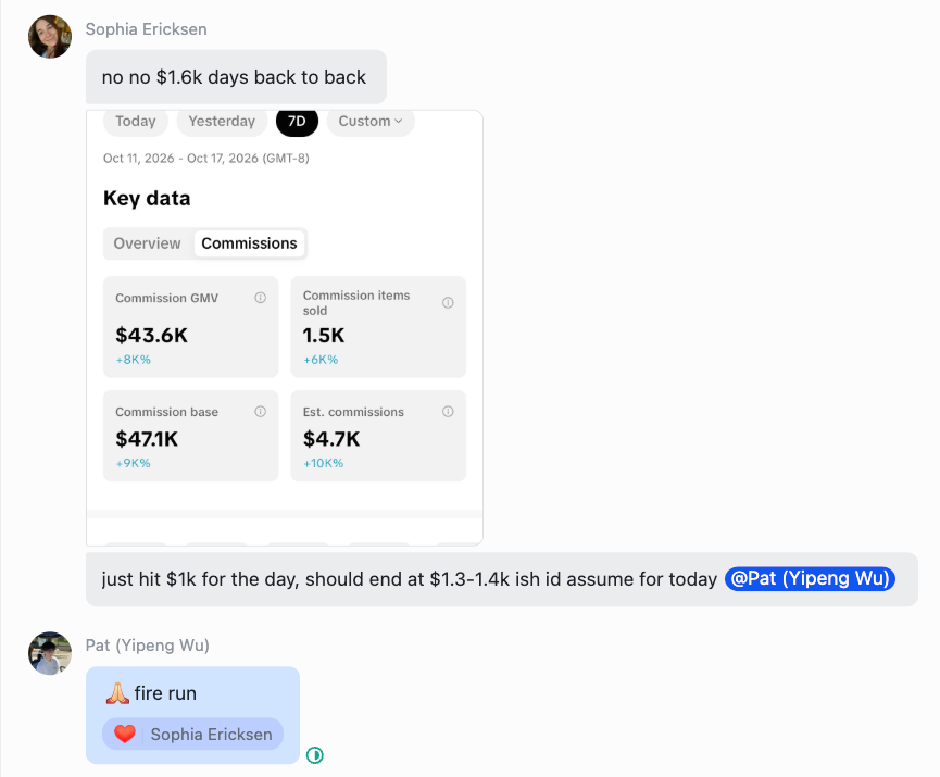 Sophia's original message about $1.6K days back to back and TikTok Shop Commissions dashboard for October 11–17: 7D, Commission GMV $43.6K, estimated commissions $4.7K