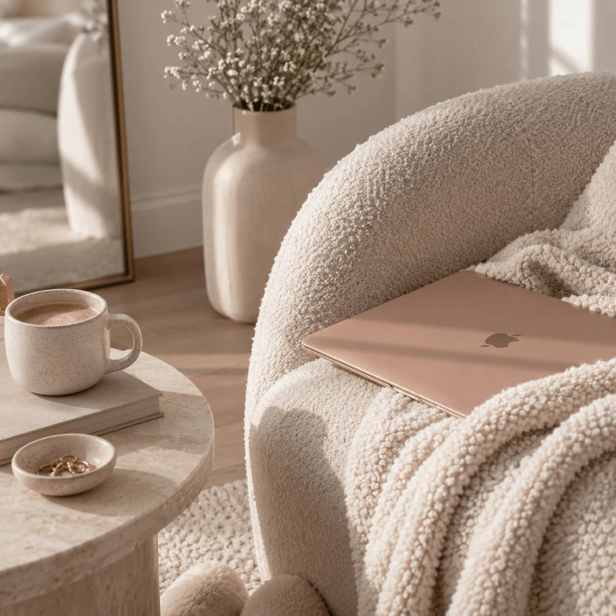 a closed laptop on a cozy chair