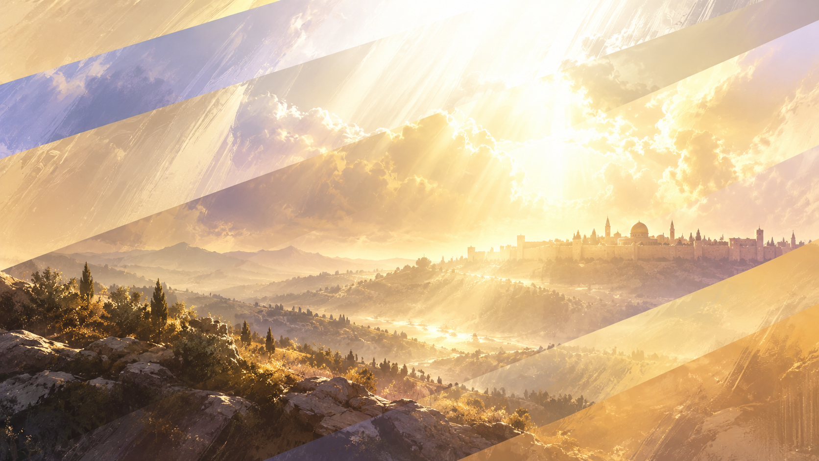 Warm golden light breaking through the clouds over a scenic valley and distant city