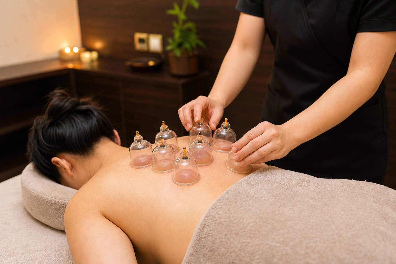Professional therapist providing a dry cupping service in a clean spa room