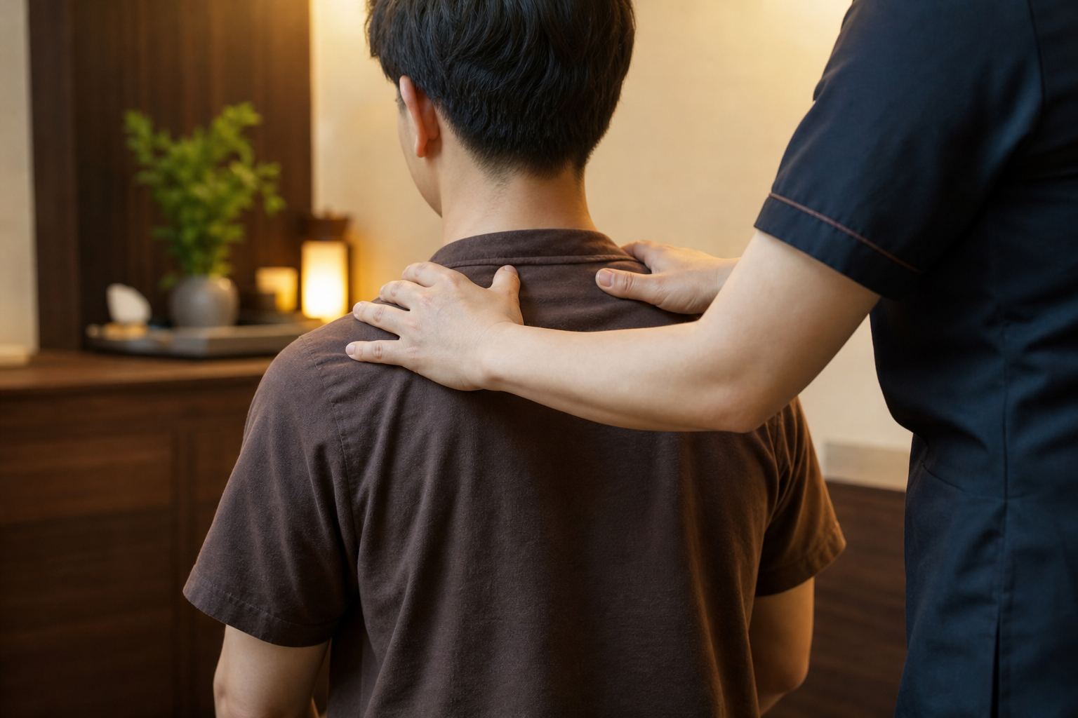 Professional therapist providing a shoulder and neck massage over clothing