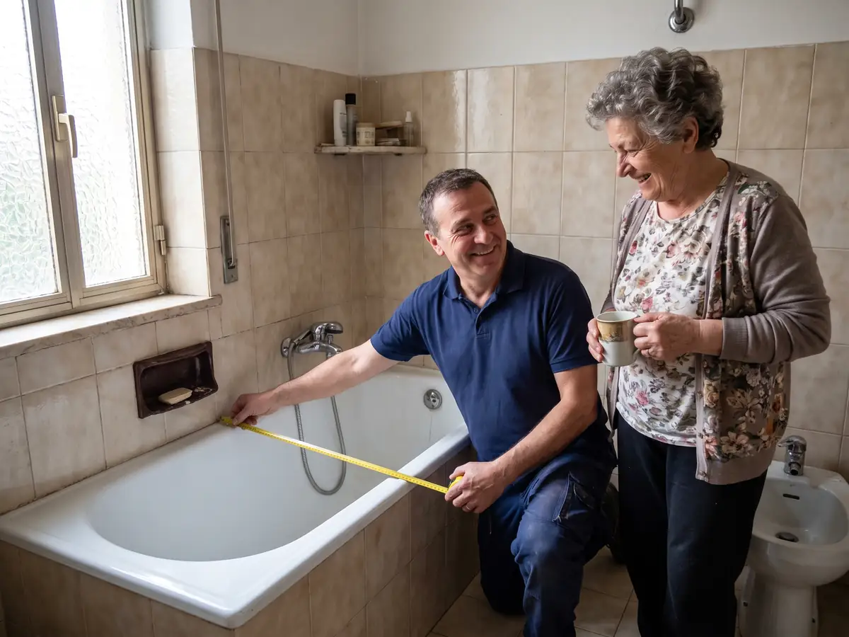 Un consulente misura la vasca da bagno insieme alla padrona di casa