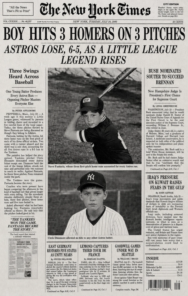 New York Times front page reporting on Steven Fantasia's Little League World Record three-home-run performance