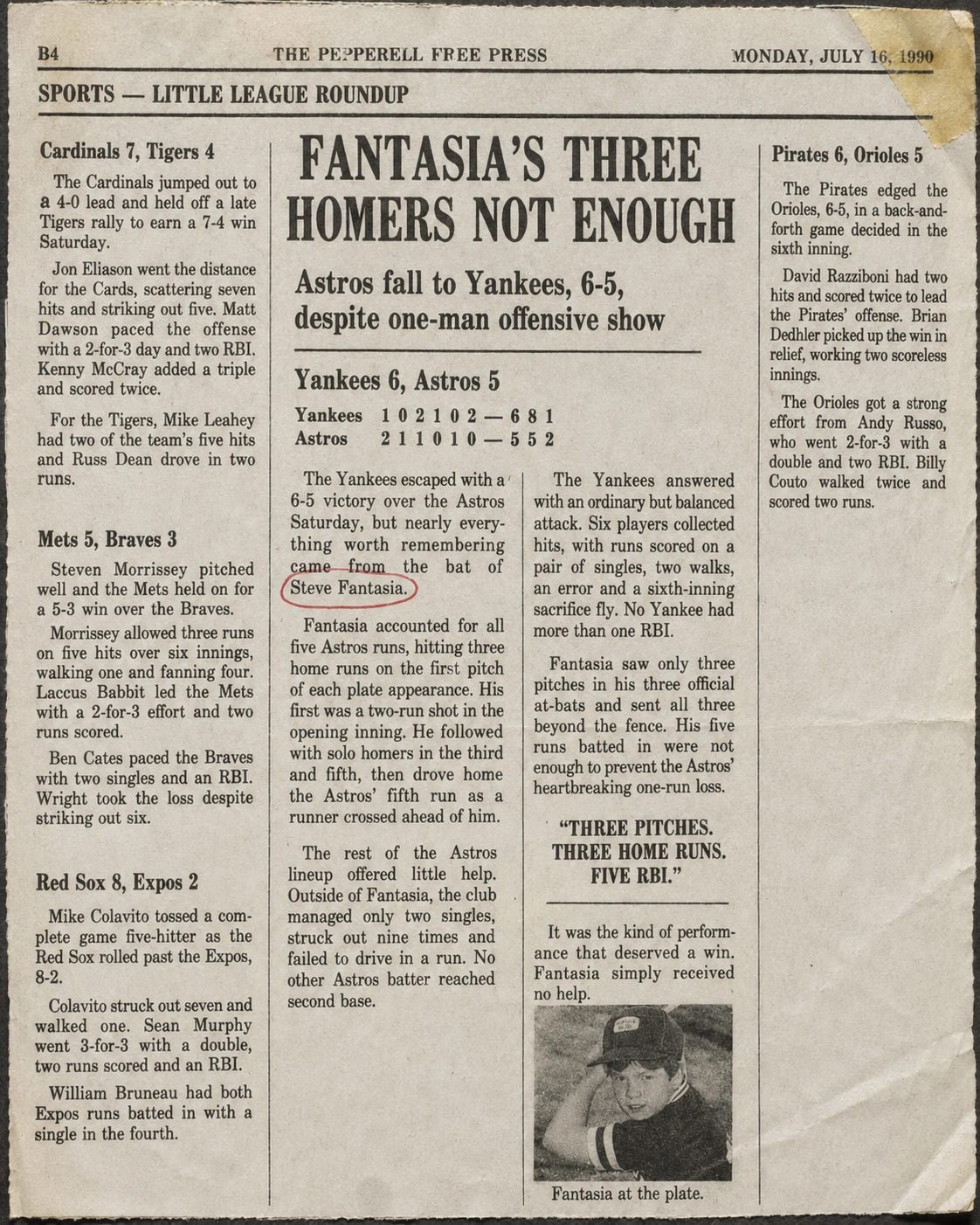 Local newspaper printing of the scorecard from Steven Fantasia's Little League World Record three-home-run game