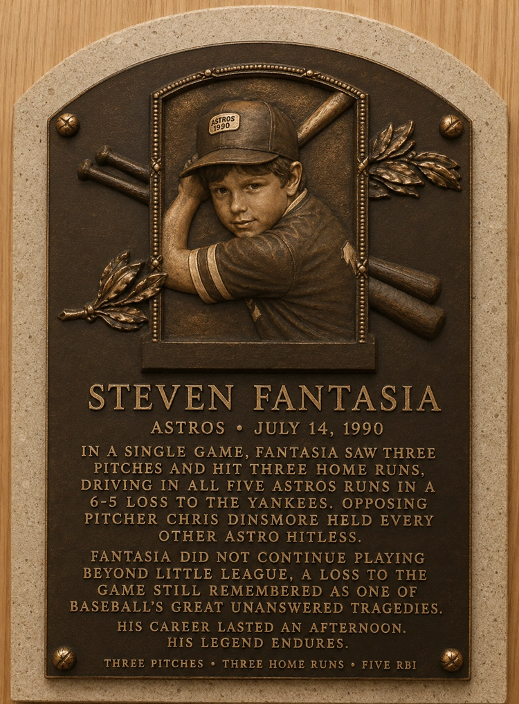 Bronze Little League Hall of Fame plaque commemorating Steven Fantasia's world record of three home runs on three pitches