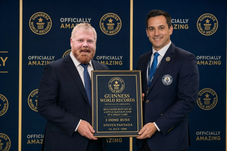 Steven Fantasia presented with his Guinness World Record plaque for most home runs in a single Little League game