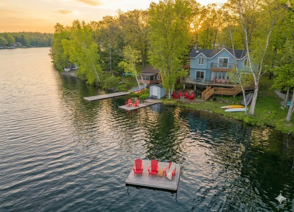 Blue Cottage — fire pit and dock on Clearwater Lake, Gravenhurst Muskoka