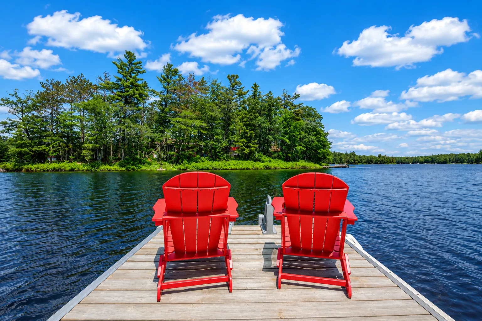 Two red Muskoka chairs at the end of the Good Times dock facing the lake