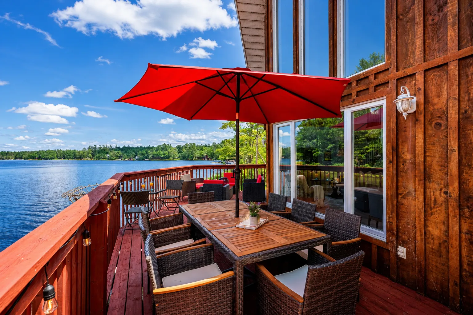 Deck dining table under a red umbrella at Good Times, with the lake beyond