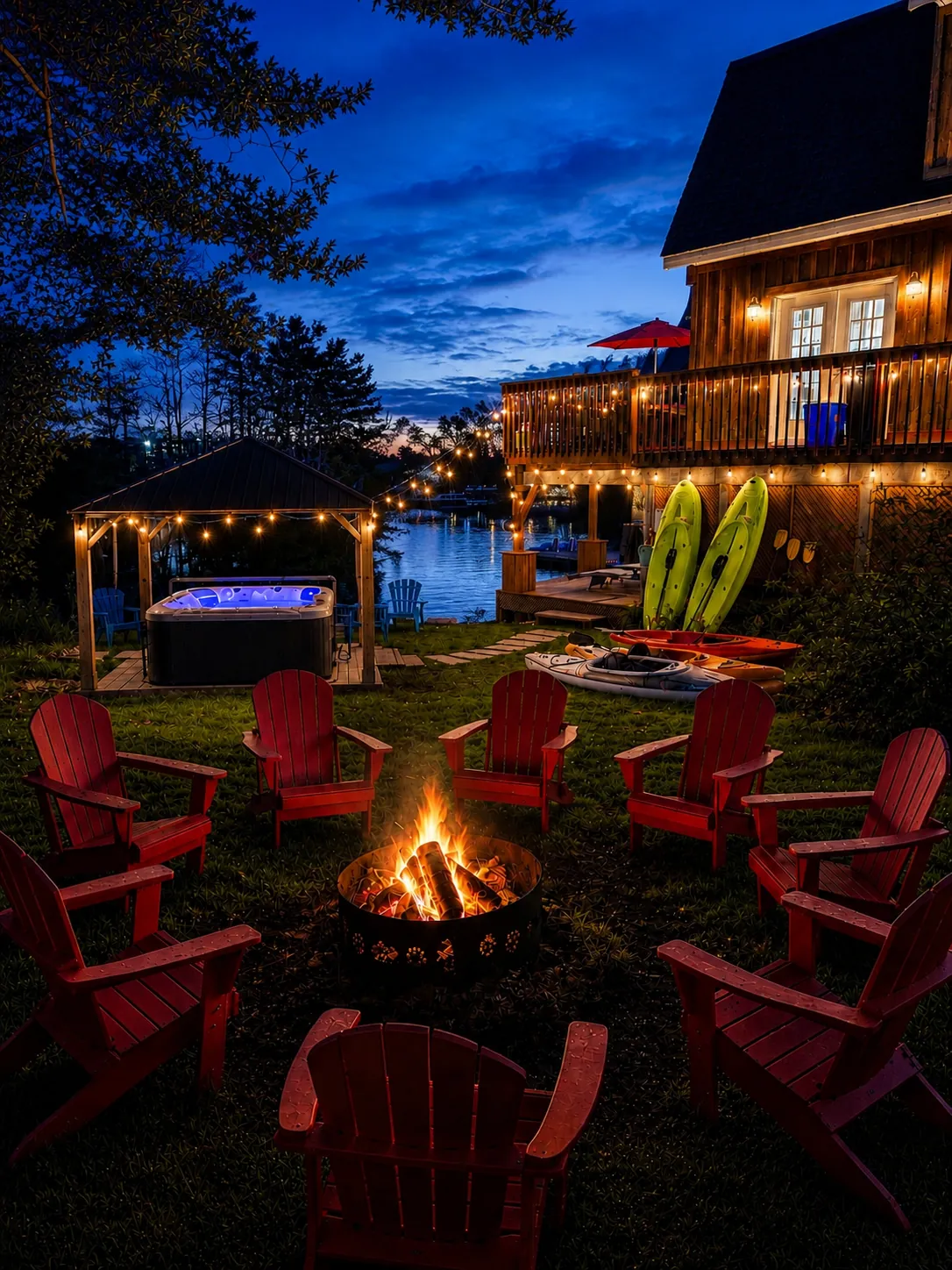 Fire pit ringed by red chairs at night beside the Good Times cottage