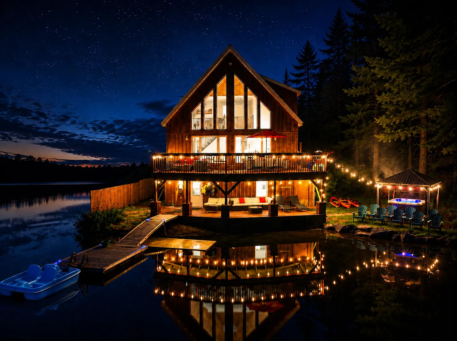 Good Times lit up at night, its A-frame and dock reflected in the still lake