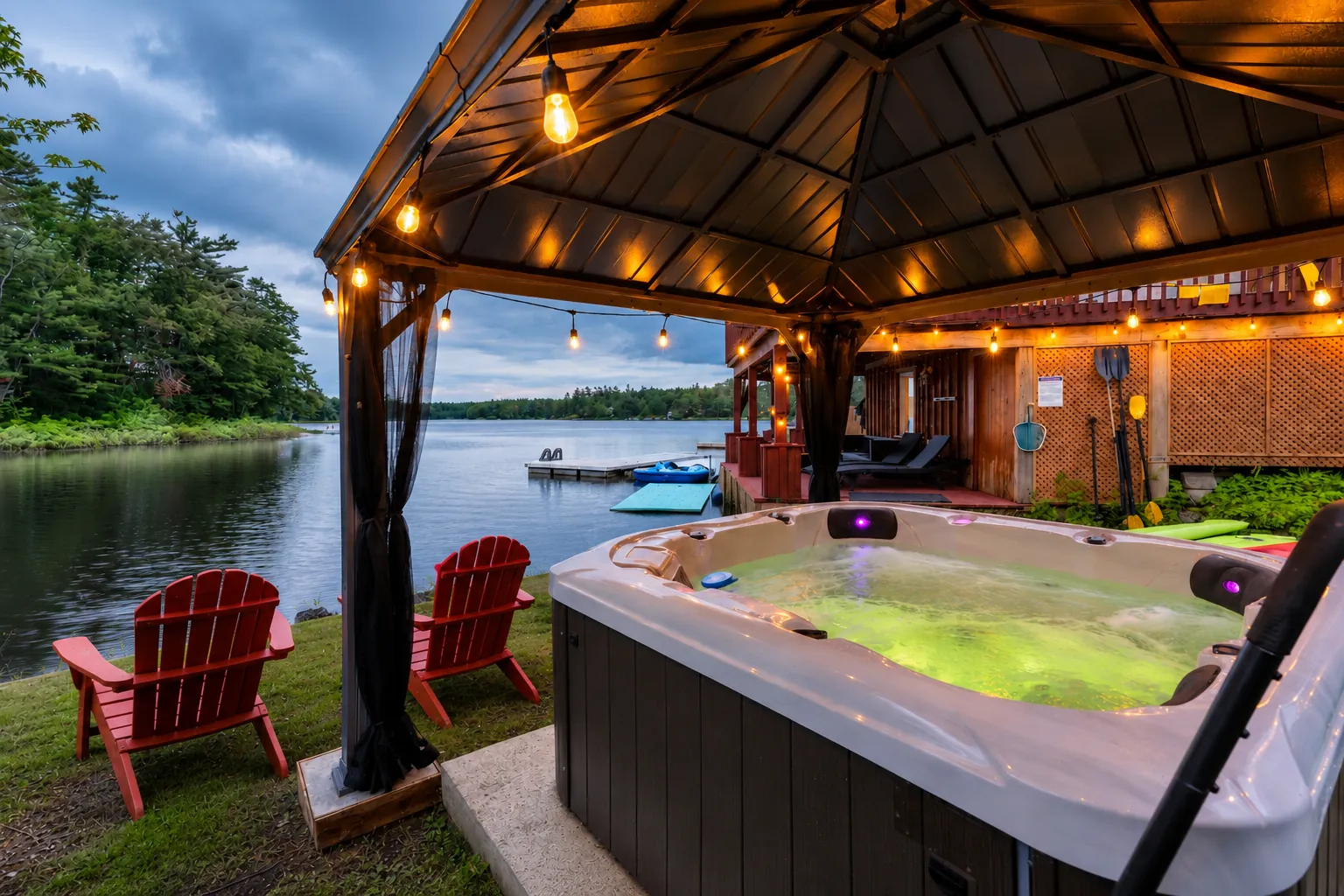 Covered hot tub under a lit gazebo beside the lake at Good Times, with red Muskoka chairs