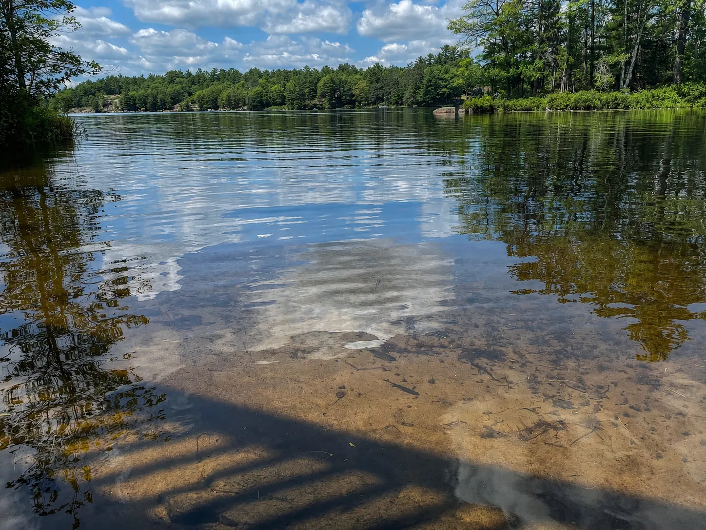 Clear, shallow water over sand along the Good Times shoreline