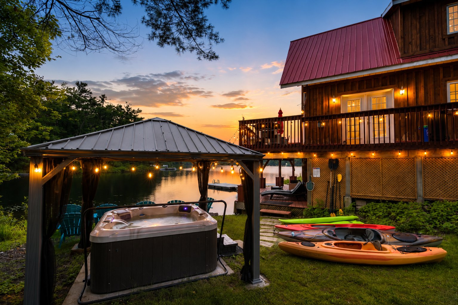 Lakeside hot tub and kayaks at sunset