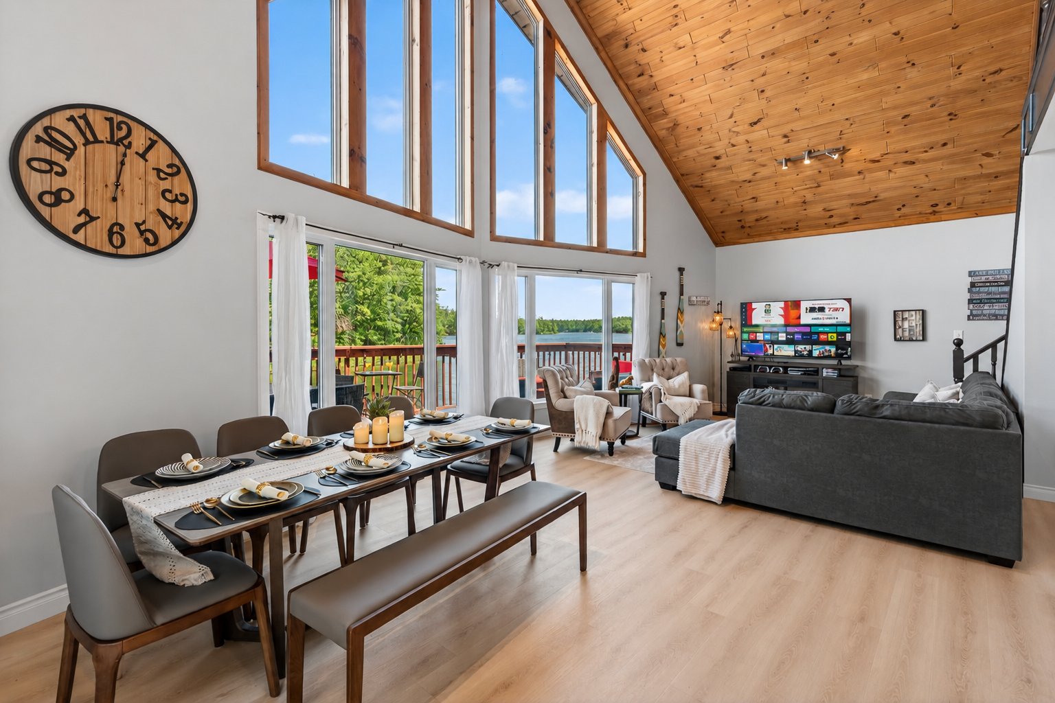 Vaulted great room with lake views